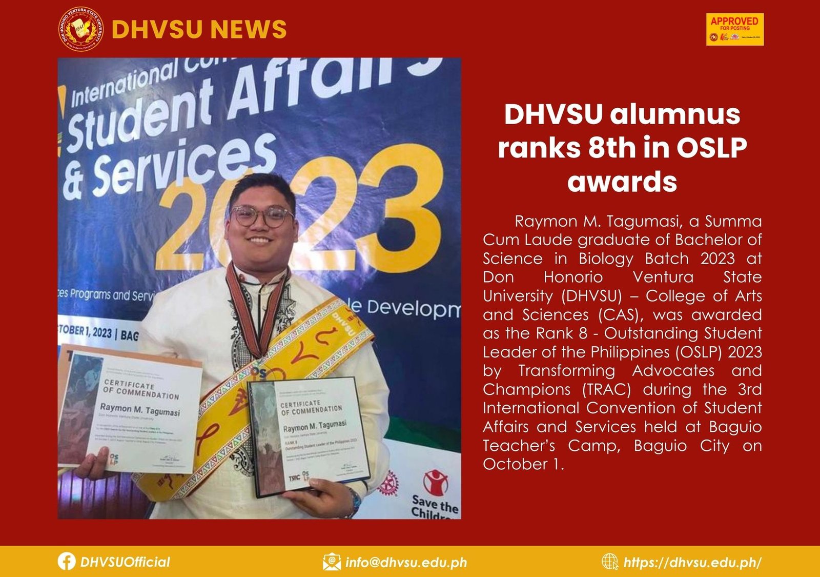 10092023   DHVSU alumnus ranks 8th in OSLP awards 1   Information DHVSU