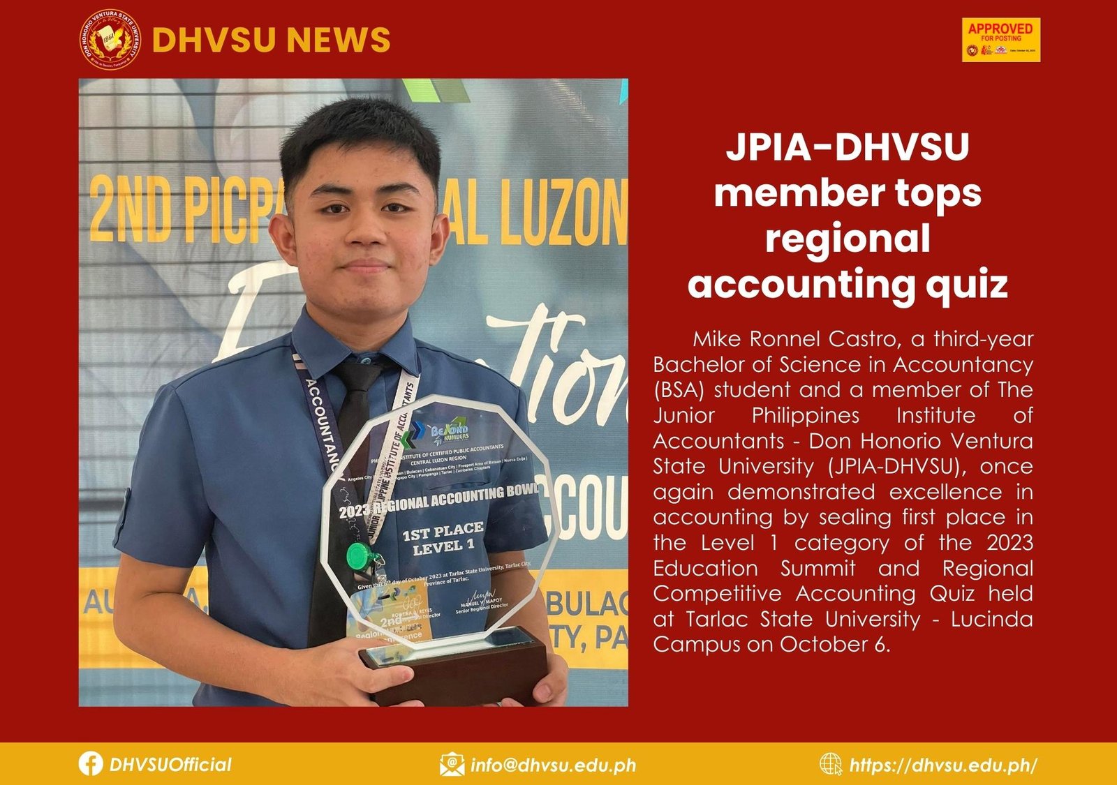 10102023   JPIA DHVSU member tops regional accounting quiz 1   Information DHVSU